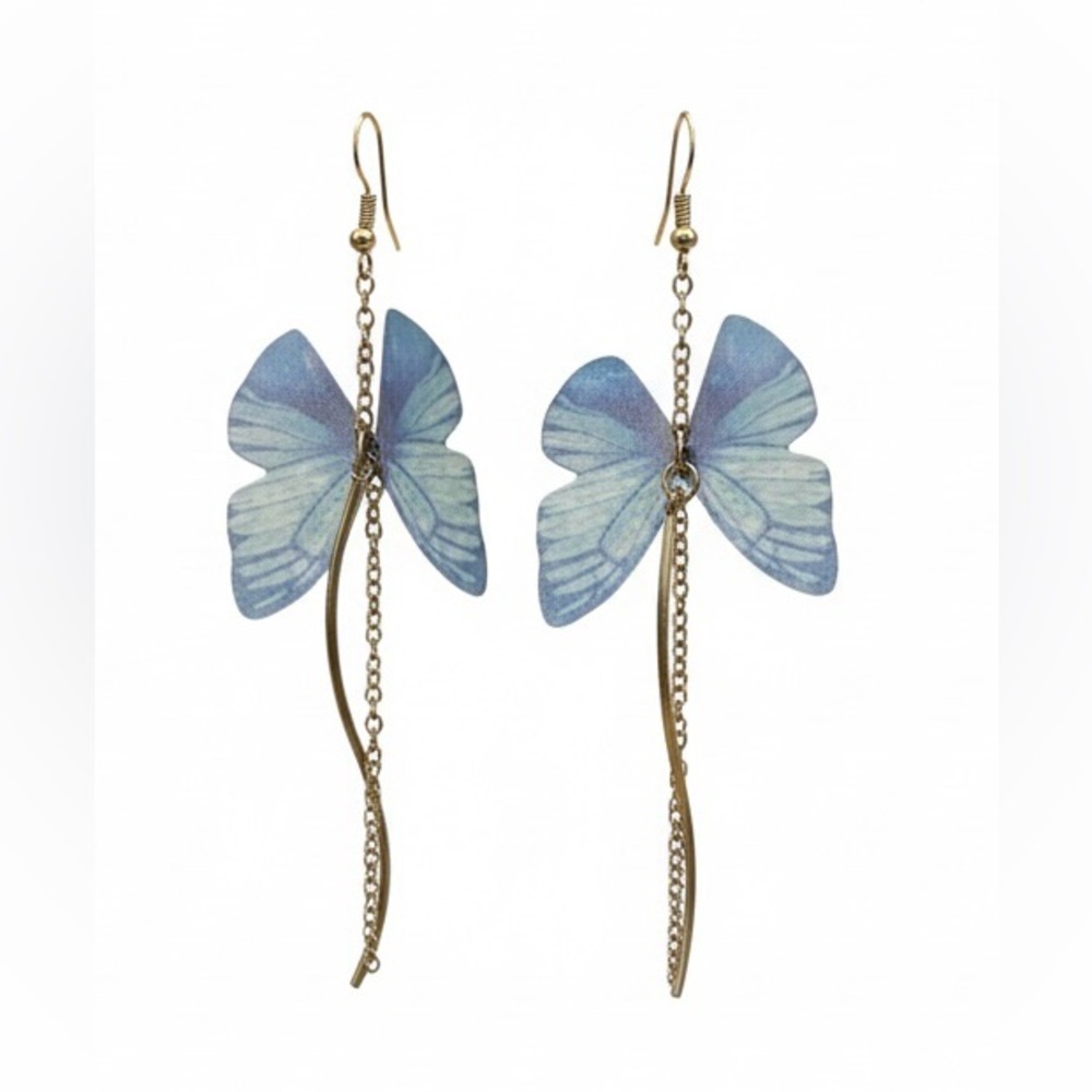 Ethereal Blue Butterfly Long Tassel Fairy Core Dangle Earrings